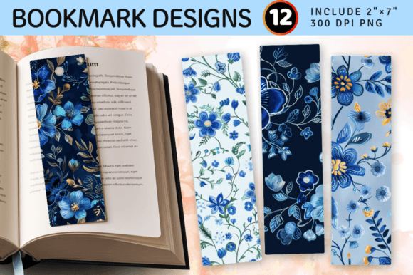 Blue Embroidery Flowers PNG Bookmark Des