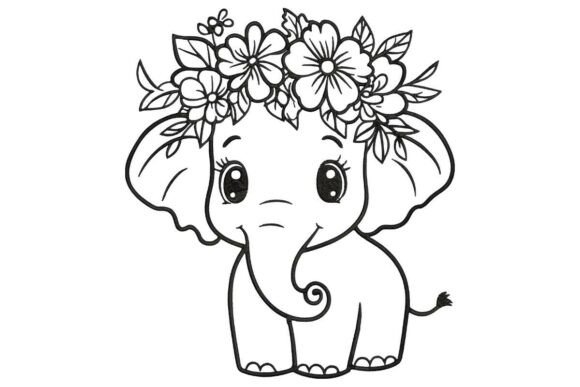 Cute Baby Elephant with Flower Crown Line Art