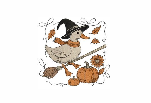 Fall Witch Duck Embroidery Design