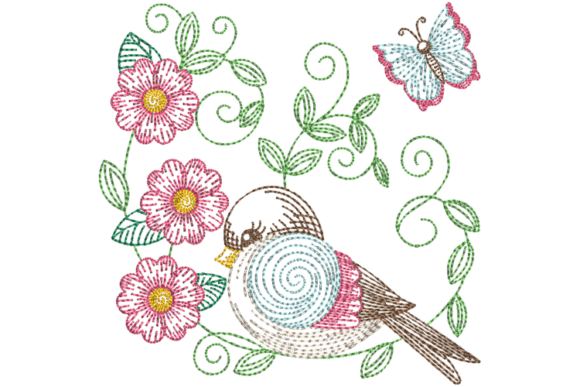 Spring Bird and Flowers Embroidery File